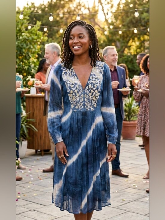 Soft Surroundings Dresses & Skirts - Soft Surroundings Himalaya Dress Indigo Tie-Dye Floral Embroidered V-neck Boho